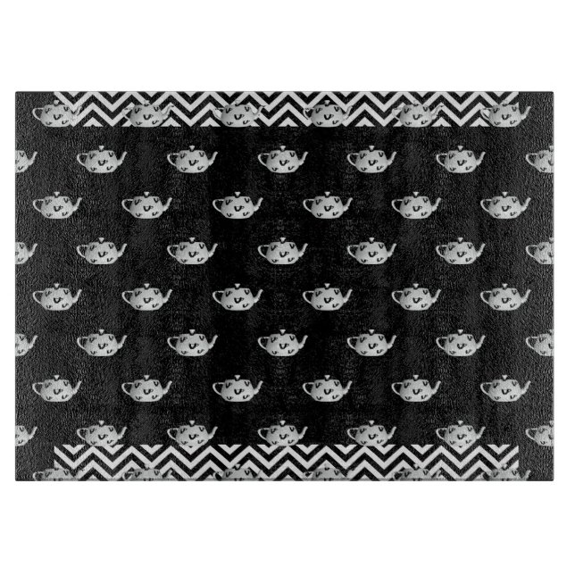 Black White Repeat Teapot  Glass Cutting Board (Front)