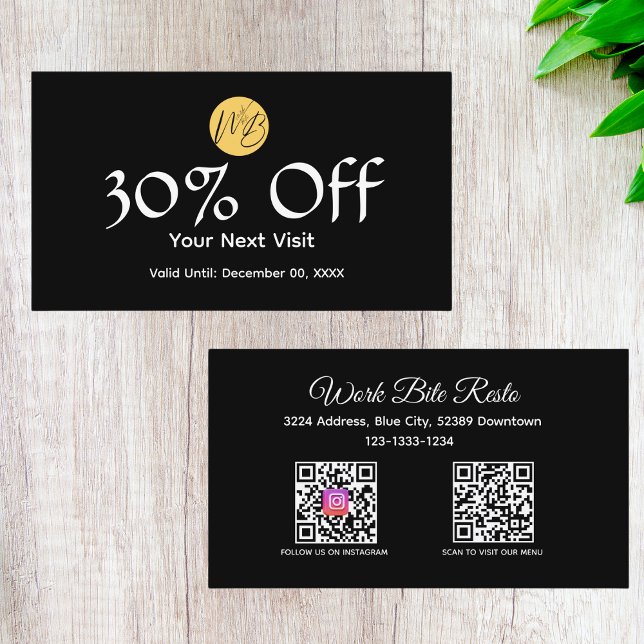 Black & White Restaurant Qr Code Menu and  Discount Card (Creator Uploaded)