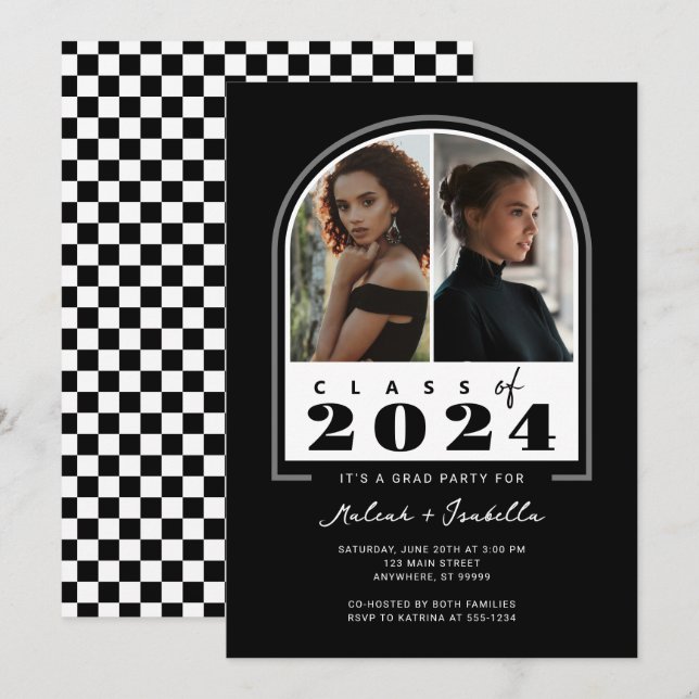 Black White Retro Arch Photo Graduation Party Invitation (Front/Back)