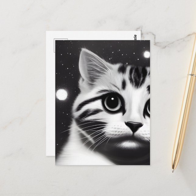 Black & White Retro Big Eyes Kitten Postcard (Front/Back In Situ)