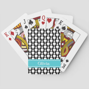 Black & White Retro Circles Pattern w/ Aqua Band Playing Cards