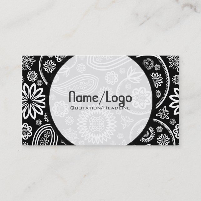 Black & White Retro Flower Paisley-Template Business Card (Front)
