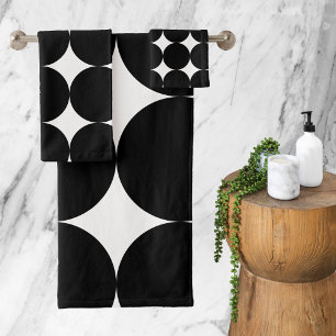 Black White Retro Geometric Circle Pattern  Bath Towel Set