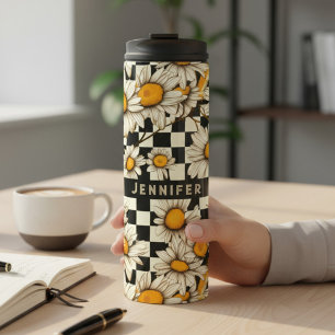 Black White Retro Groovy Daisy Chequerboard Name Thermal Tumbler
