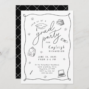 Black White Retro Hand Drawn Grad Party Invitation