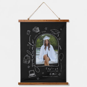 Black White Retro Hand Drawn Photo Graduation Hanging Tapestry