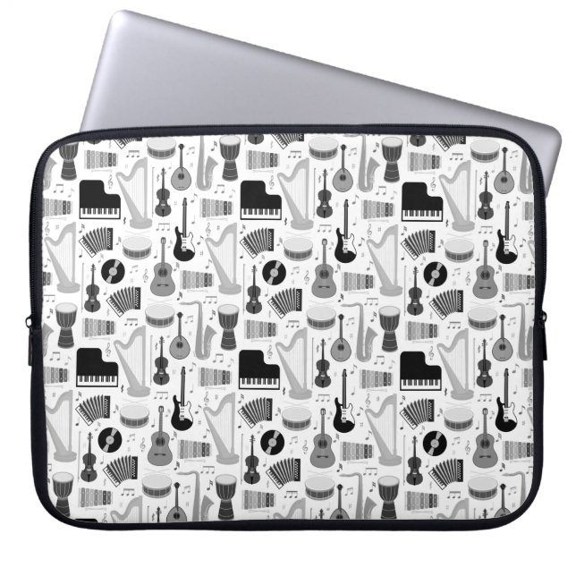 Black-White Retro Musical Instruments Pattern Laptop Sleeve (Front)