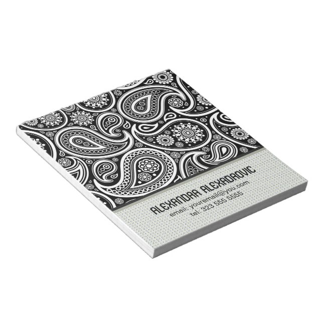 Black & White Retro Paisley Pattern 2-Custom Text Notepad (Angled)