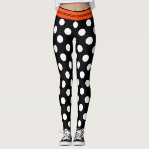 Black & white retro polka dots with orange stripe leggings