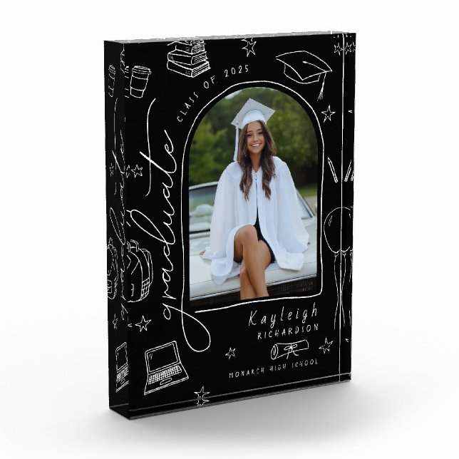 Black White Retro Scribble Graduation Photo Block (Left)