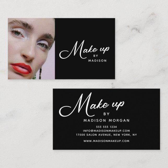 Black & White Retro Script Photo Makeup Business Card (Front/Back)