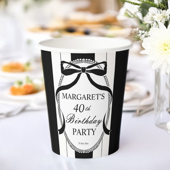 Black white retro stripes bow birthday monogrammed paper cups (Black and white retro stripes bow vintage border birthday party monogrammed paper cups)