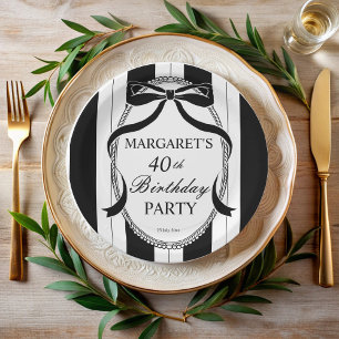 Black white retro stripes bow birthday monogrammed paper plate
