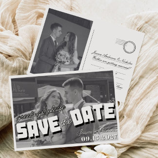 Black White Retro Vintage Horizontal Wedding Photo Save The Date