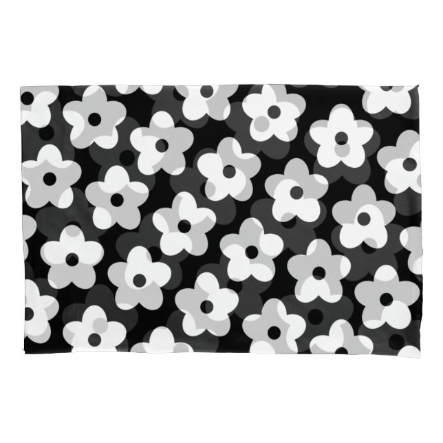 Black White Retro Y2K Bold Botanical Blossom  Pillowcase (Front)