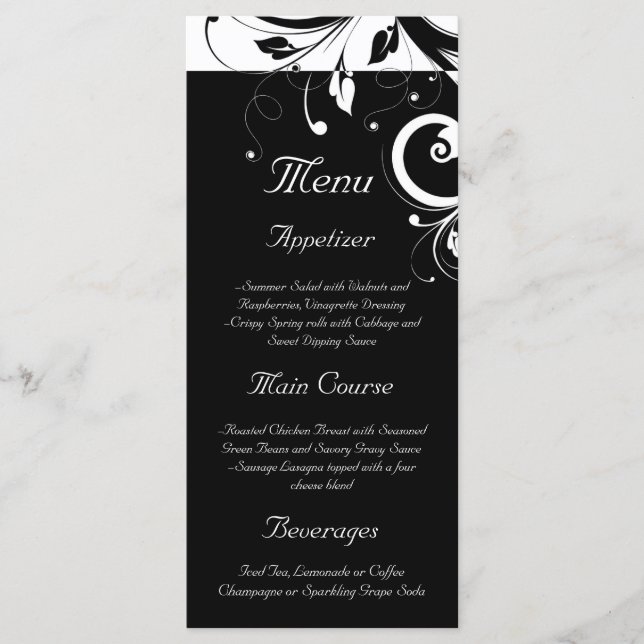 Black + White Reverse Swirl Wedding Menu (Front)