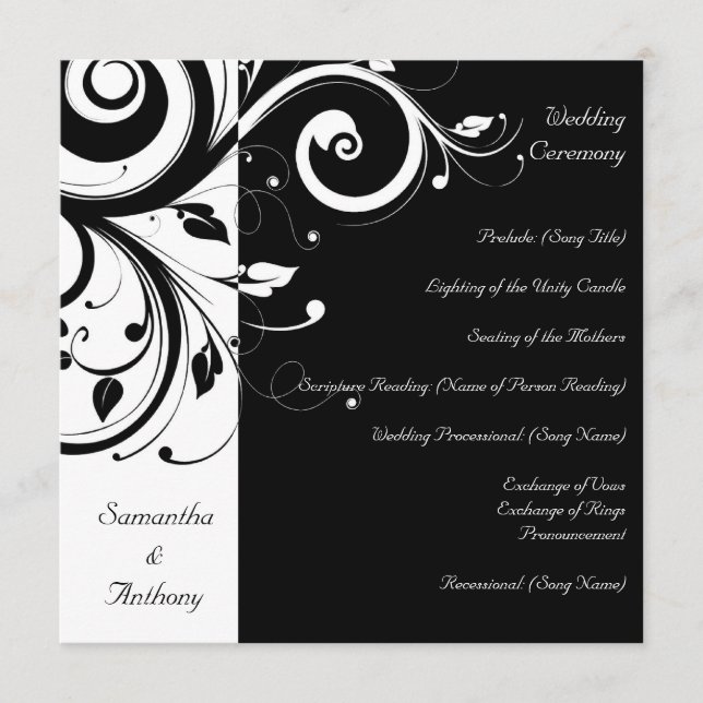 Black + White Reverse Swirl Wedding Program (Front)