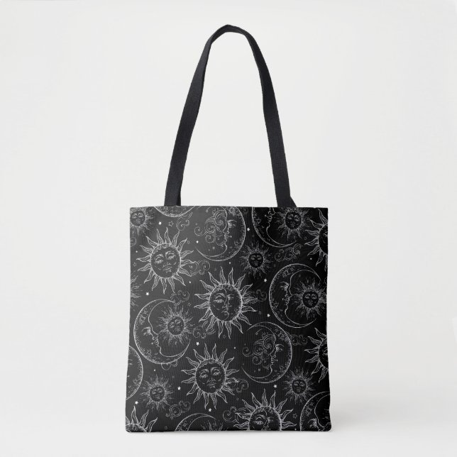 Black & White Reversible Celestial Sun Moon Stars Tote Bag (Front)