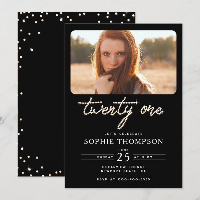 Black White Rhinestone Elegant 21st Birthday Photo Invitation (Front/Back)