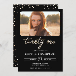Black White Rhinestone Elegant 21st Birthday Photo Invitation