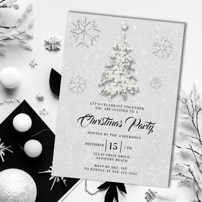 Black White Rhinestone Winter Wonderland Christmas Invitation (elegant christmas party invite glitter rhinestones tree snowflakes winter wonderland black white)