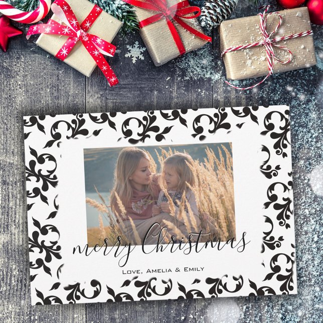 Black White Rococo Merry Christmas Script Photo Holiday Card (Creator Uploaded)