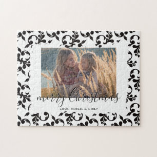 Black White Rococo Merry Christmas Script Photo Jigsaw Puzzle