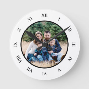 Black White Roman Numbers Custom Photo Round Clock