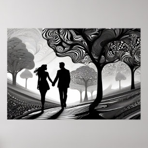 Black & White Romance: Patterned Embrace Poster
