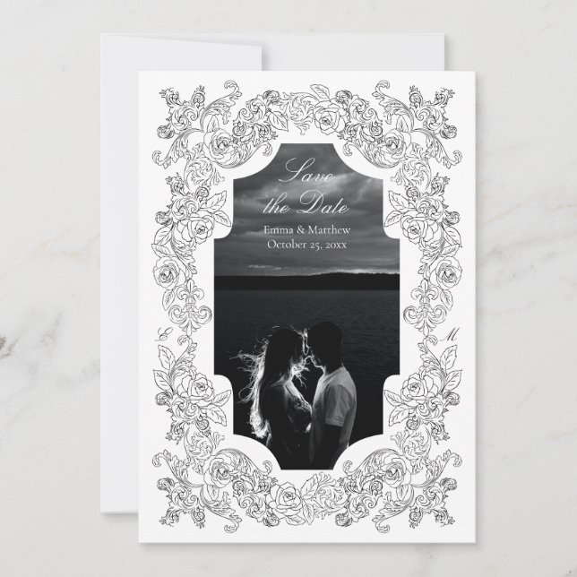 Black & White Romantic Baroque Photo Save The Date (Front)