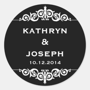Black white romantic elegant scroll wedding favour classic round sticker