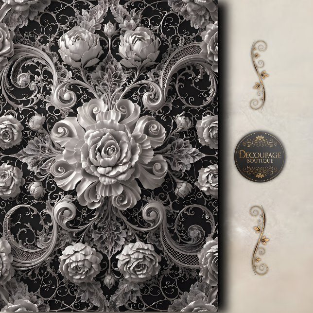 Black White Rose Damask Decoupage Tissue Paper (Black White Rose Damask Decoupage Tissue Paper)