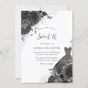 Black & White Rose & Dress Vintage Sweet 16 Invitation