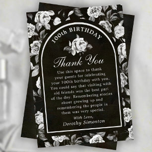 Black White Rose Floral Arch 100th Birthday Thank You Card