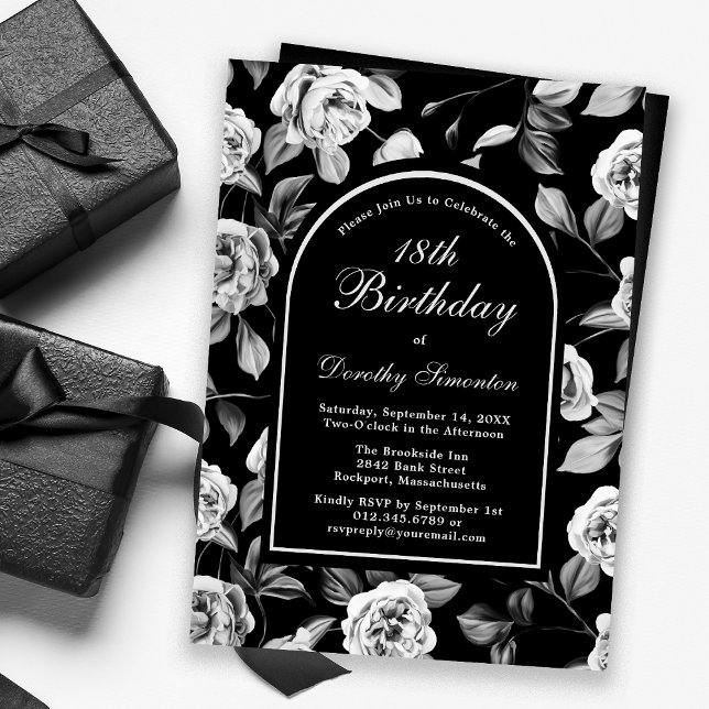 Black White Rose Floral Arch 18th Birthday Invitation (Creator Uploaded)