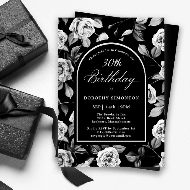 Black White Rose Floral Arch 30th Birthday Invitation (Creator Uploaded)