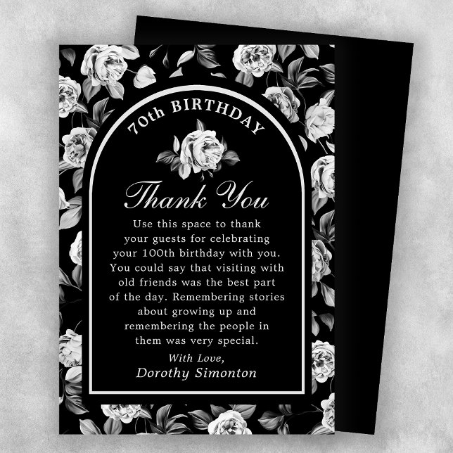 Black White Rose Floral Arch 70th Birthday Thank You Card (Creator Uploaded)