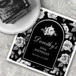 Black White Rose Floral Arch 80th Birthday Party Napkin<br><div class="desc">Elegant 80th birthday party cocktail napkin features a chic black and white rose floral background. A black arch edged in white contains the birthday celebrant's name written in a traditional script, 80th birthday and the date. A white rose decorates the inside of the arch. All text is editable. This item...</div>