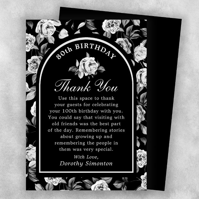Black White Rose Floral Arch 80th Birthday Thank You Card (Creator Uploaded)