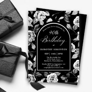 Black White Rose Floral Arch 90th Birthday Invitation