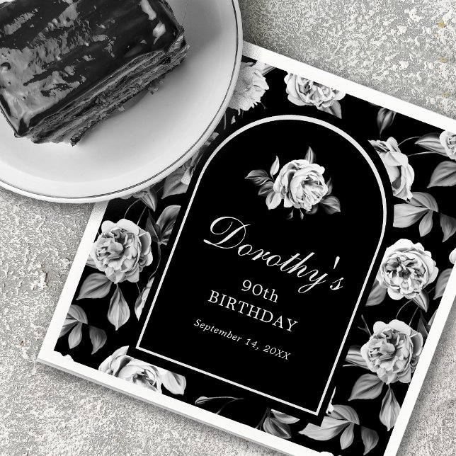 Black White Rose Floral Arch 90th Birthday Party Napkin (Creator Uploaded)