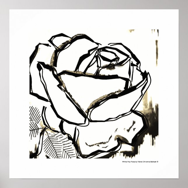 Black White Rose Flower Modern Abstract Line Art Poster (Front)