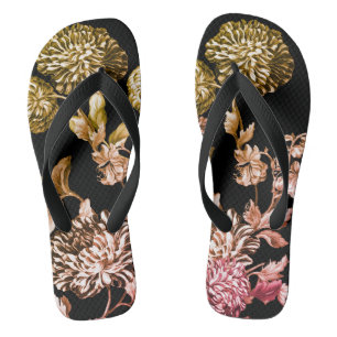 Black & White Rose Gold Botanical Floral Toile Thongs
