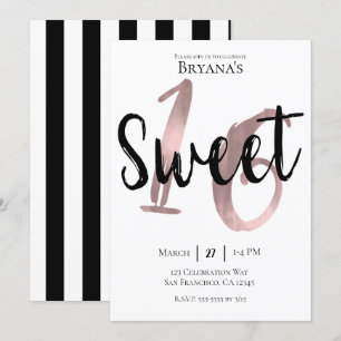 Black White Rose Gold Pink Sweet 16 Birthday Party Invitation