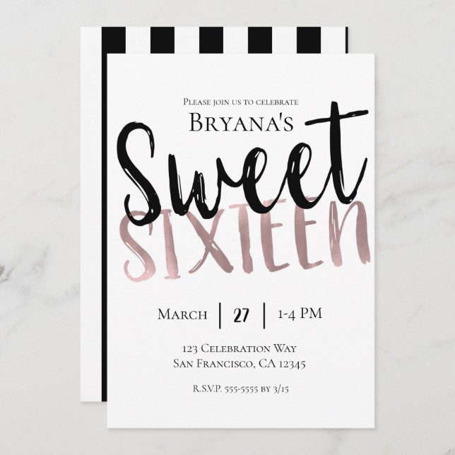 Black White Rose Gold Pink Sweet 16 SIXTEEN Party Invitation (Front/Back)