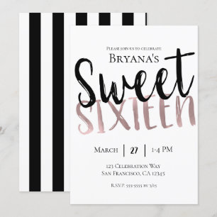 Black White Rose Gold Pink Sweet 16 SIXTEEN Party Invitation