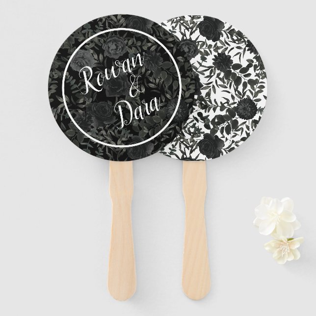 Black White Rose Gothic Wedding Hand Fan (Front and Back)
