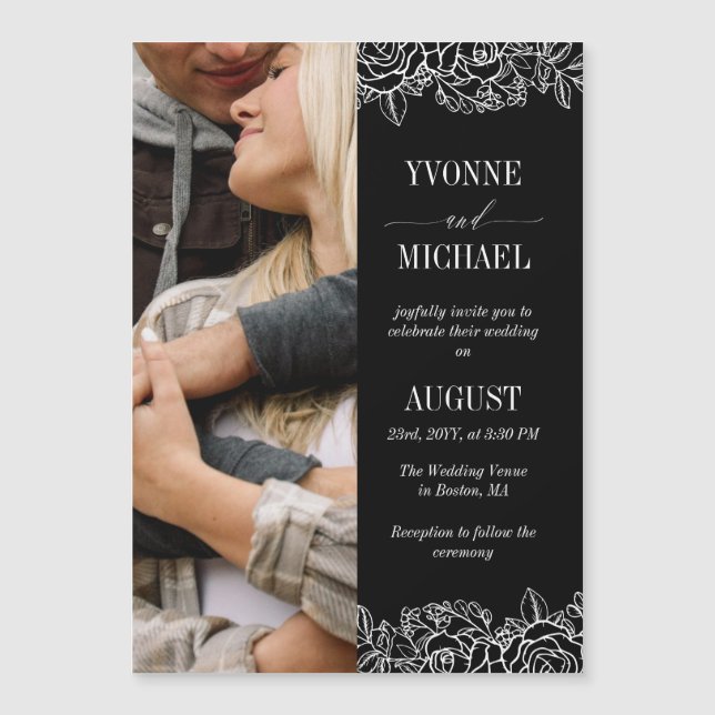 Black White Rose Outlines Photo Wedding Magnetic Invitation (Front)