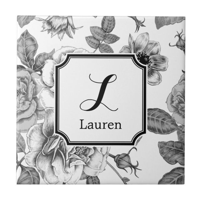 Black & White Rose Pattern Ceramic Tile (Front)