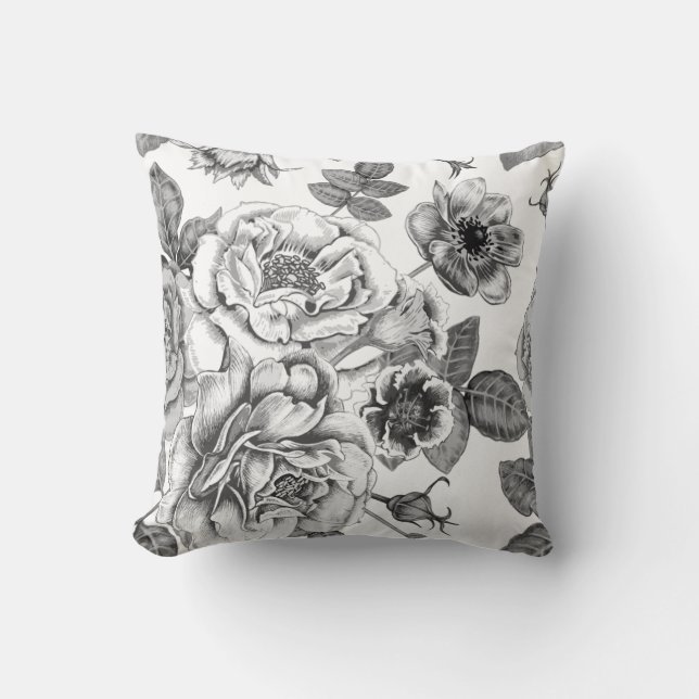 Black & White Rose Pattern Throw Pillow (Front)